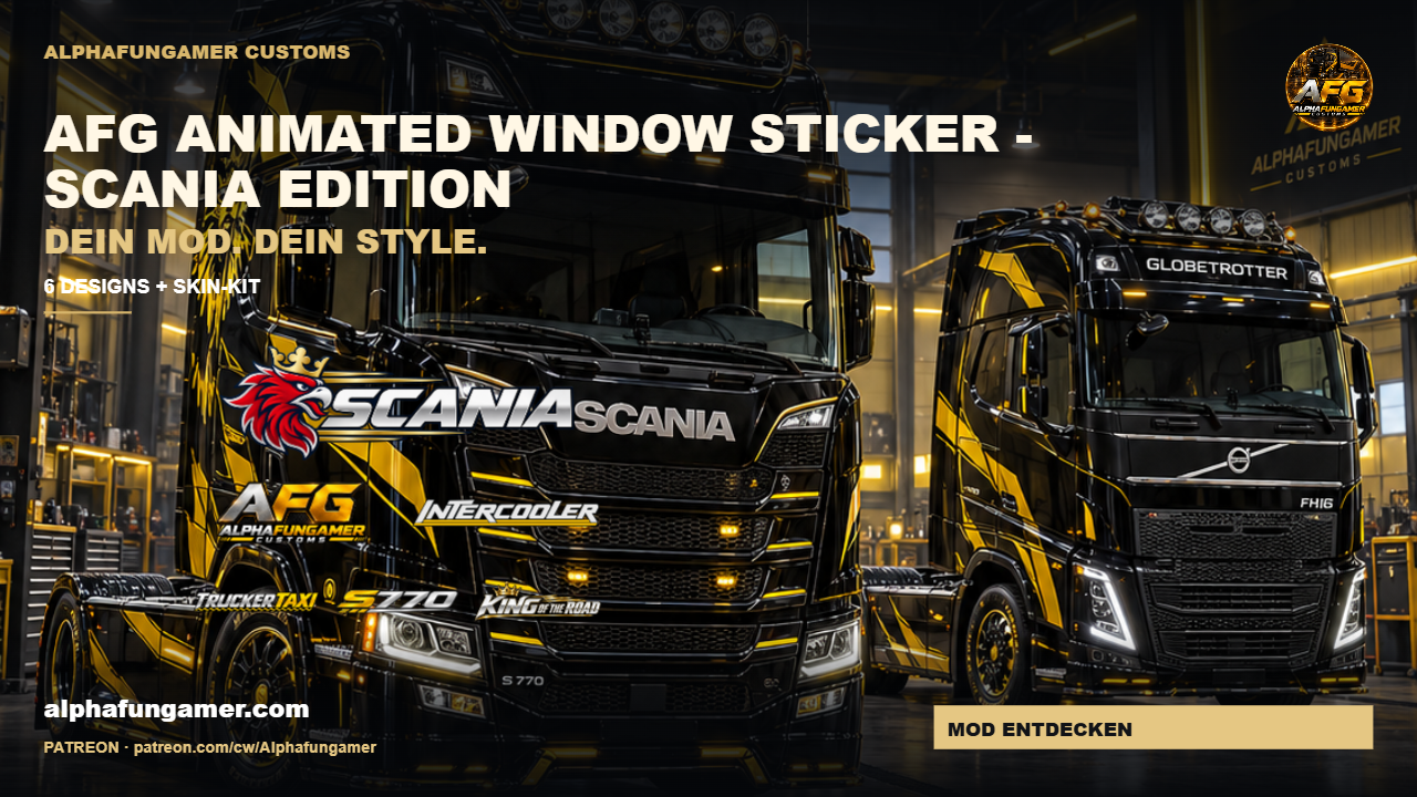 AFG Animated Window Sticker - Scania Edition: Customs-Werkstattmotiv und Übersicht der sechs Designs